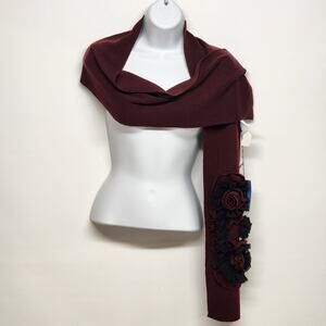 Simply Vera Knit Neck Scarf Maroon Red Vera Wang Black Flower Accent 64" NWT